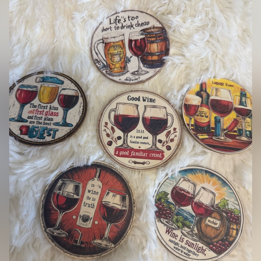 6 pcs Set of Wine-Themed Coasters